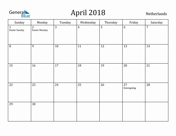 April 2018 Calendar The Netherlands