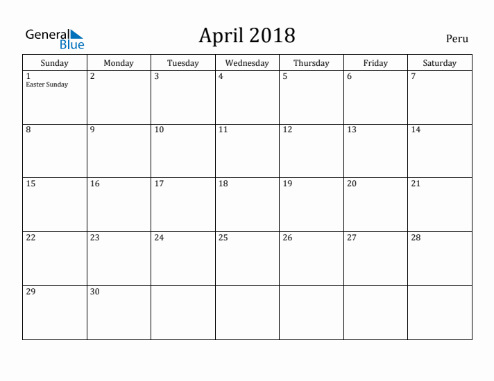 April 2018 Calendar Peru
