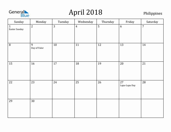 April 2018 Calendar Philippines