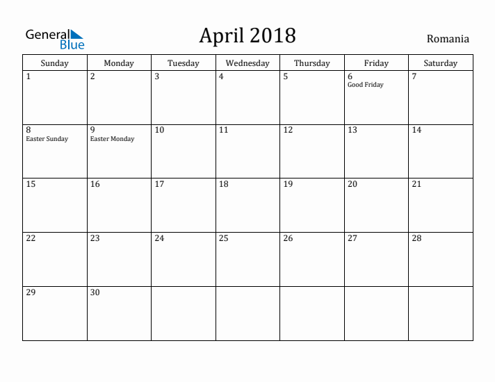 April 2018 Calendar Romania