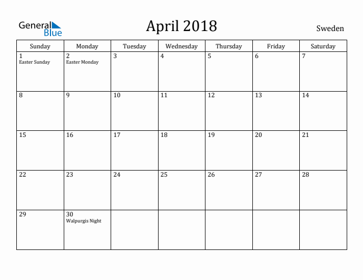 April 2018 Calendar Sweden