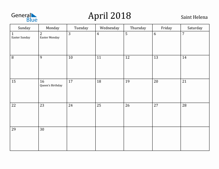 April 2018 Calendar Saint Helena