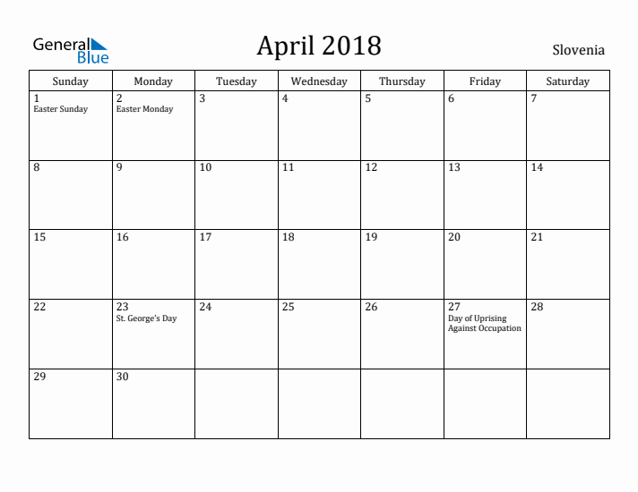 April 2018 Calendar Slovenia