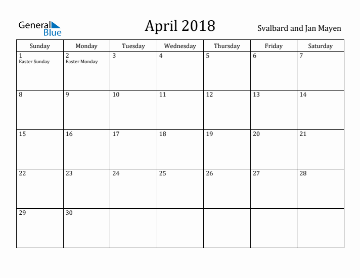 April 2018 Calendar Svalbard and Jan Mayen
