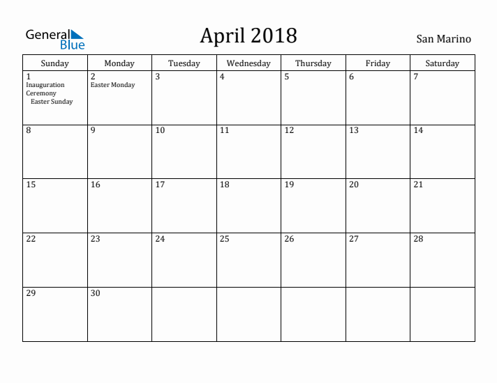 April 2018 Calendar San Marino