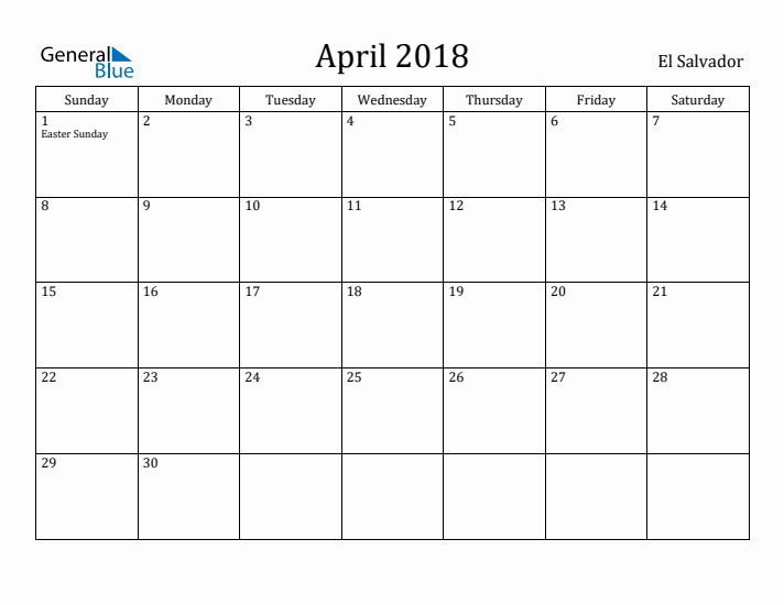April 2018 Calendar El Salvador