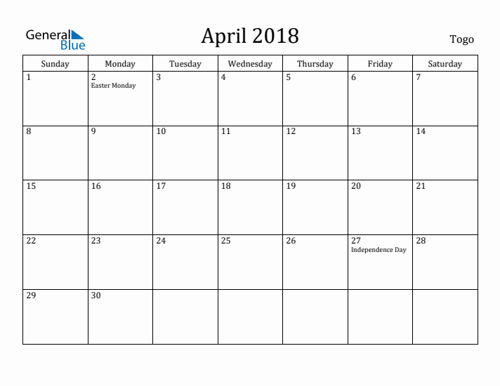 April 2018 Calendar Togo
