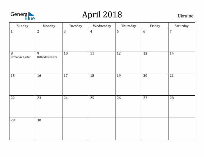 April 2018 Calendar Ukraine