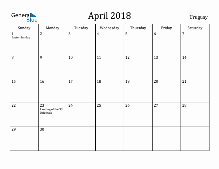 April 2018 Calendar Uruguay