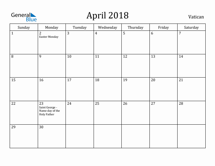 April 2018 Calendar Vatican