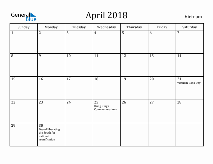 April 2018 Calendar Vietnam