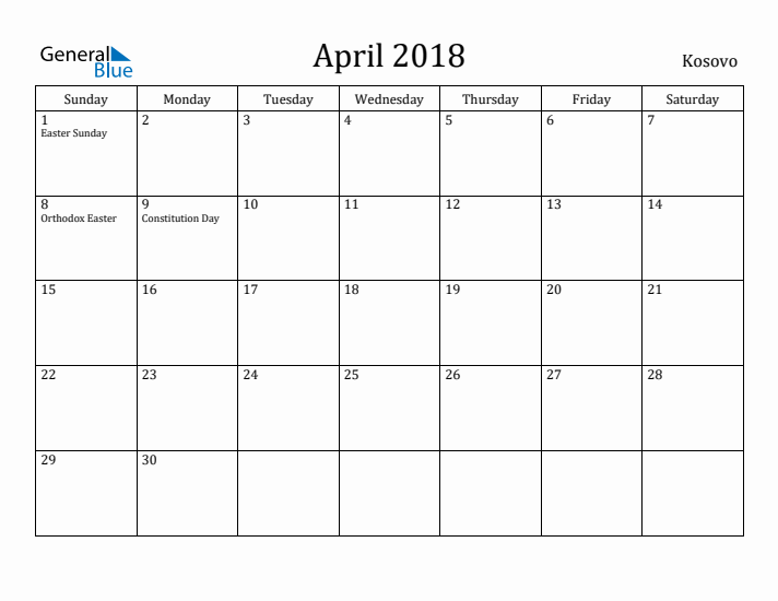 April 2018 Calendar Kosovo