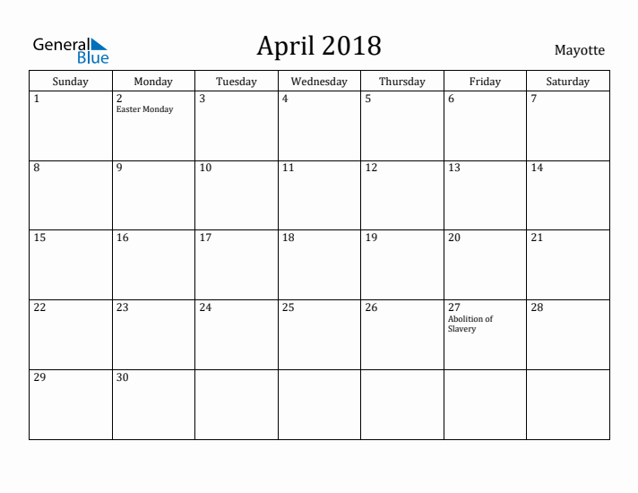 April 2018 Calendar Mayotte