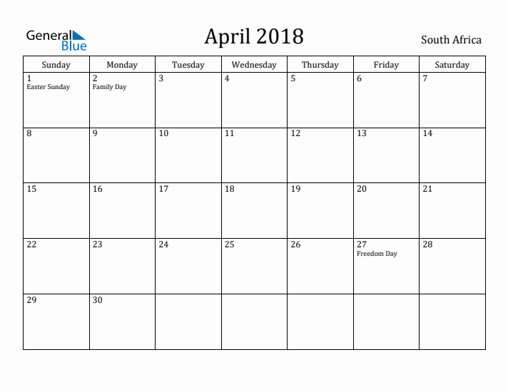 April 2018 Calendar South Africa