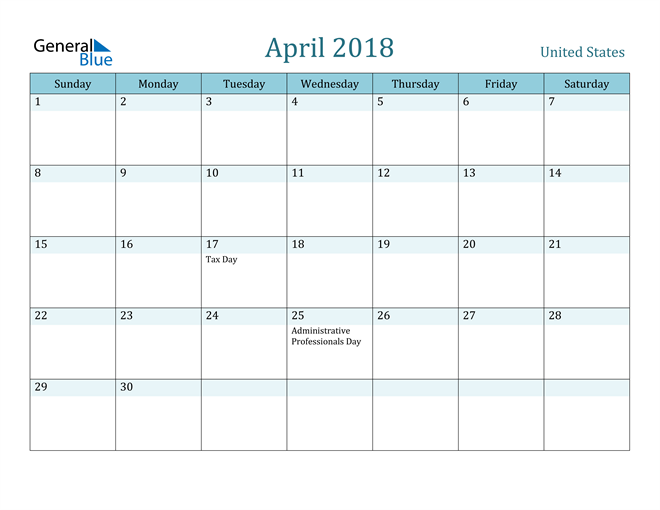 April 2018 Calendar with Holidays in PDF, Word, and Excel