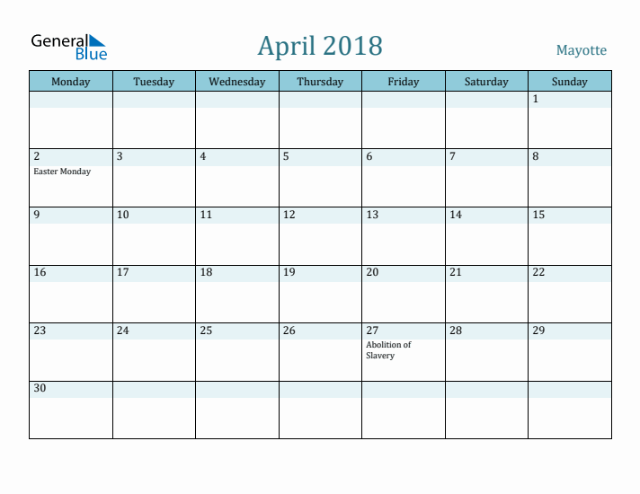 April 2018 Calendar with Holidays