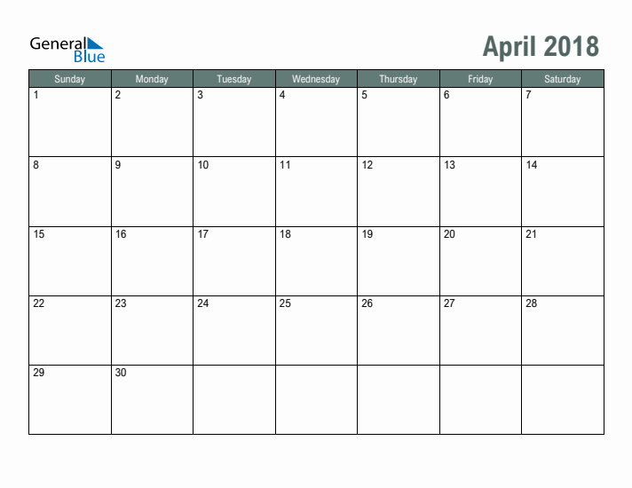 Free Printable April 2018 Calendar