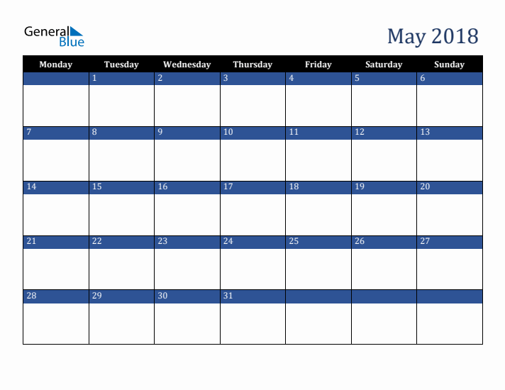 Monday Start Calendar for May 2018