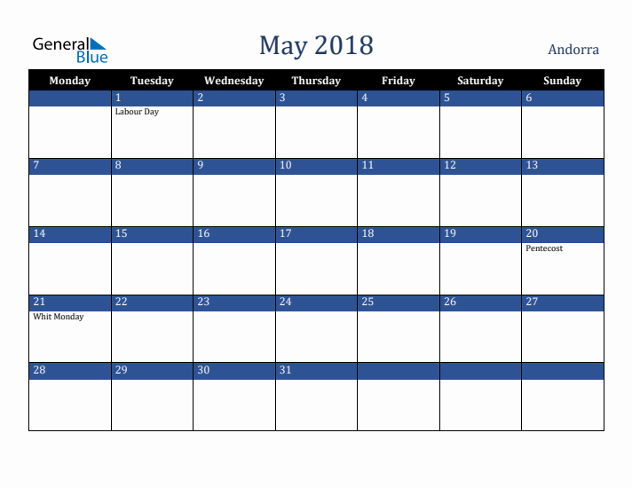 May 2018 Andorra Calendar (Monday Start)