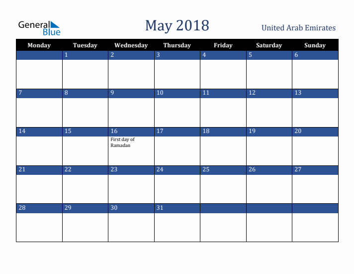 May 2018 United Arab Emirates Calendar (Monday Start)