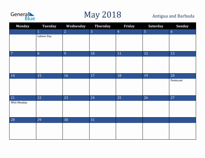 May 2018 Antigua and Barbuda Calendar (Monday Start)