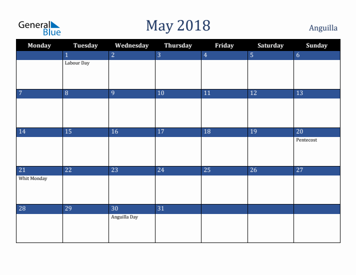 May 2018 Anguilla Calendar (Monday Start)