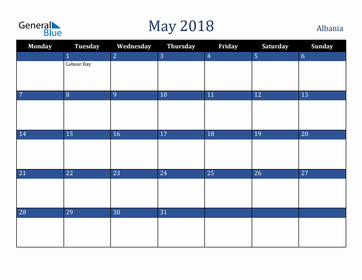 May 2018 Albania Calendar (Monday Start)