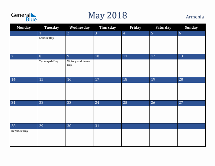 May 2018 Armenia Calendar (Monday Start)