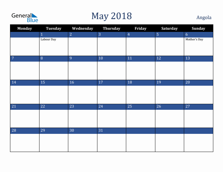 May 2018 Angola Calendar (Monday Start)