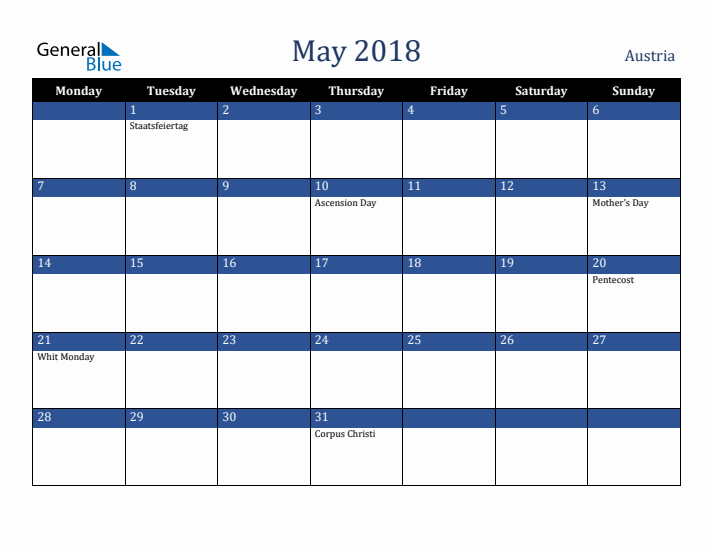 May 2018 Austria Calendar (Monday Start)