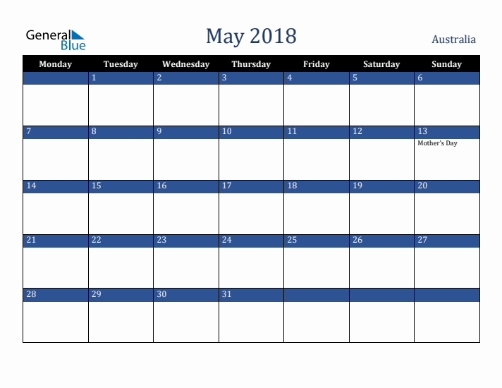 May 2018 Australia Calendar (Monday Start)
