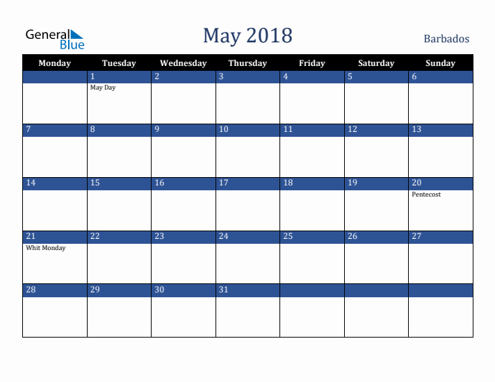 May 2018 Barbados Calendar (Monday Start)