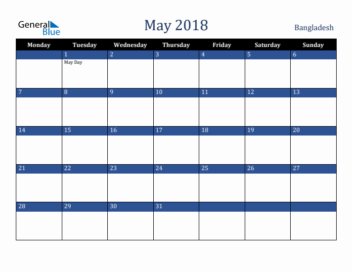 May 2018 Bangladesh Calendar (Monday Start)
