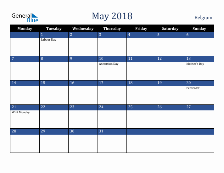May 2018 Belgium Calendar (Monday Start)