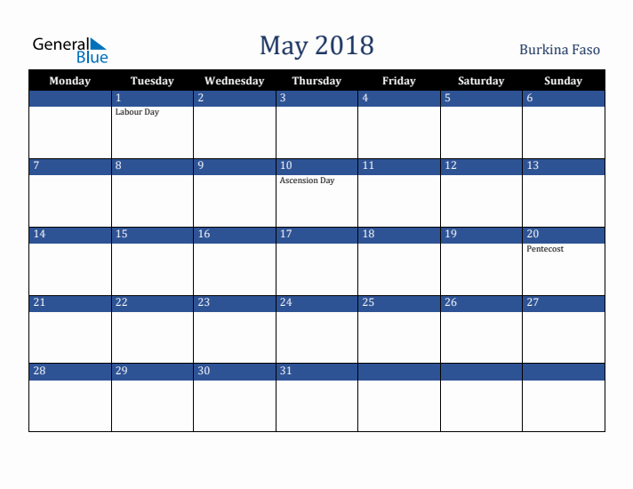 May 2018 Burkina Faso Calendar (Monday Start)
