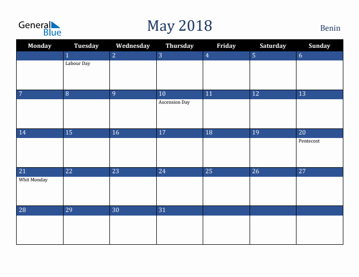 May 2018 Benin Calendar (Monday Start)