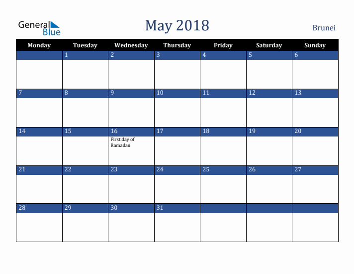 May 2018 Brunei Calendar (Monday Start)