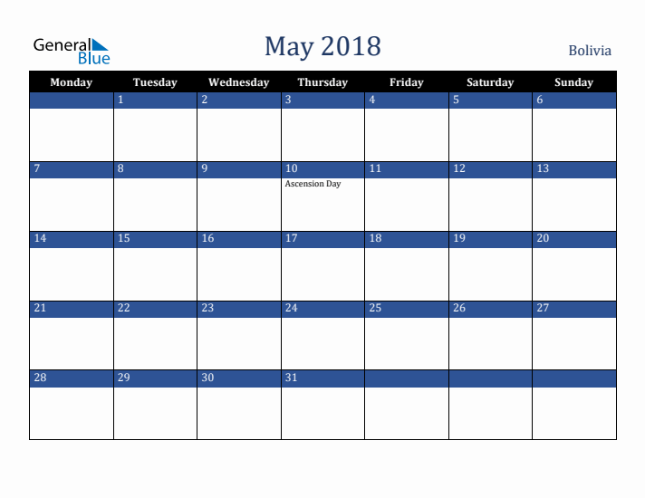 May 2018 Bolivia Calendar (Monday Start)
