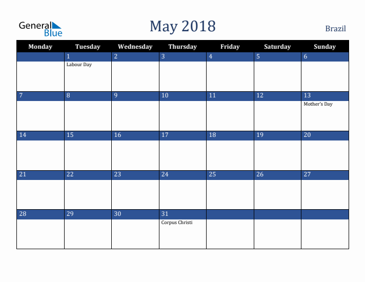 May 2018 Brazil Calendar (Monday Start)