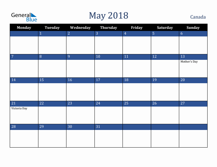 May 2018 Canada Calendar (Monday Start)
