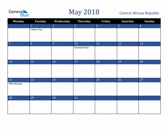 May 2018 Central African Republic Calendar (Monday Start)