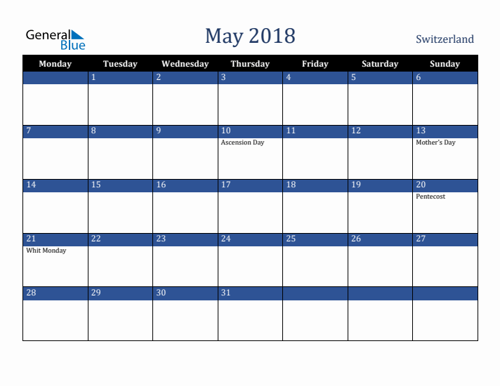 May 2018 Switzerland Calendar (Monday Start)