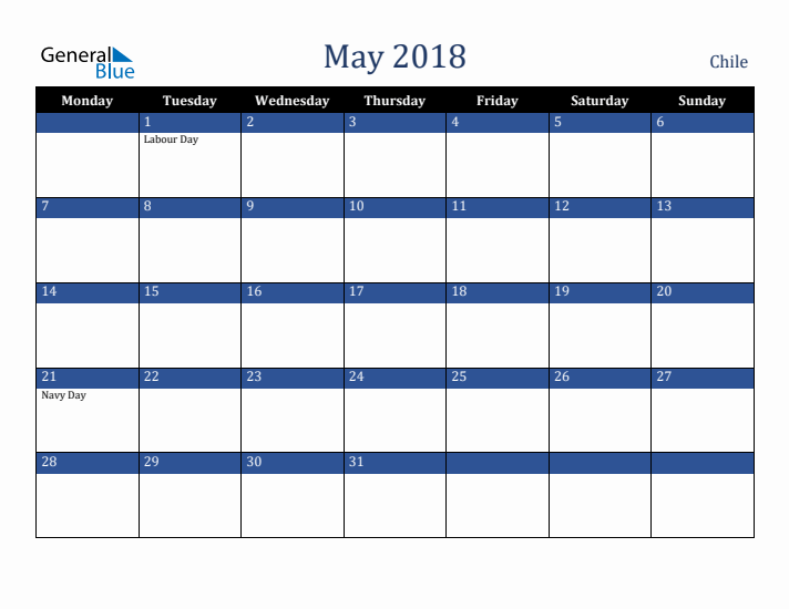 May 2018 Chile Calendar (Monday Start)