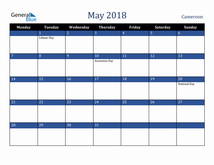 May 2018 Cameroon Calendar (Monday Start)