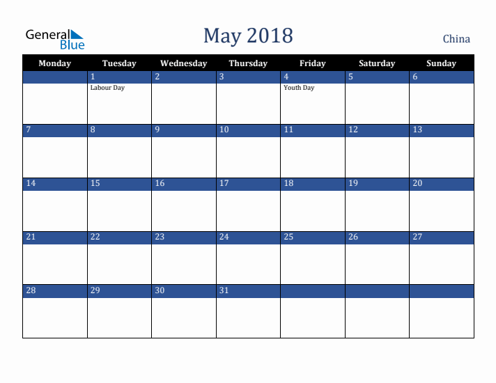 May 2018 China Calendar (Monday Start)