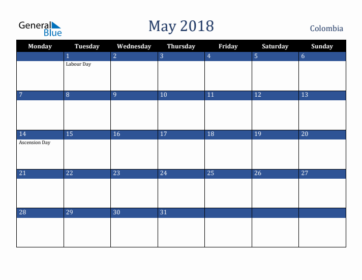 May 2018 Colombia Calendar (Monday Start)