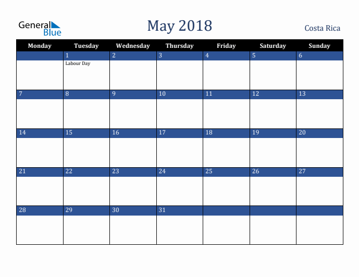 May 2018 Costa Rica Calendar (Monday Start)