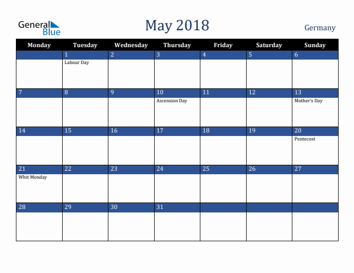 May 2018 Germany Calendar (Monday Start)