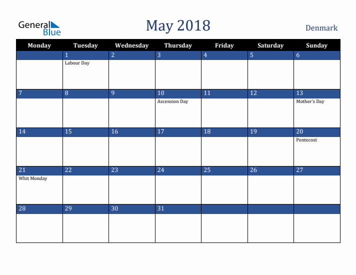May 2018 Denmark Calendar (Monday Start)