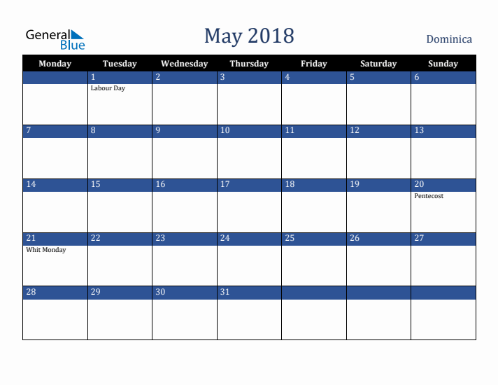 May 2018 Dominica Calendar (Monday Start)